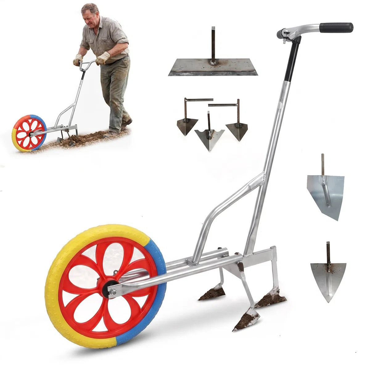 Bodenlocker-Unkrautwerkzeug, multifunktionale Gartenhacke mit großem Rad, Hand-Push-Grabenöffner zum Vertikutieren, Pflanzen und Graben in Bauernhof- und Hofgärten
