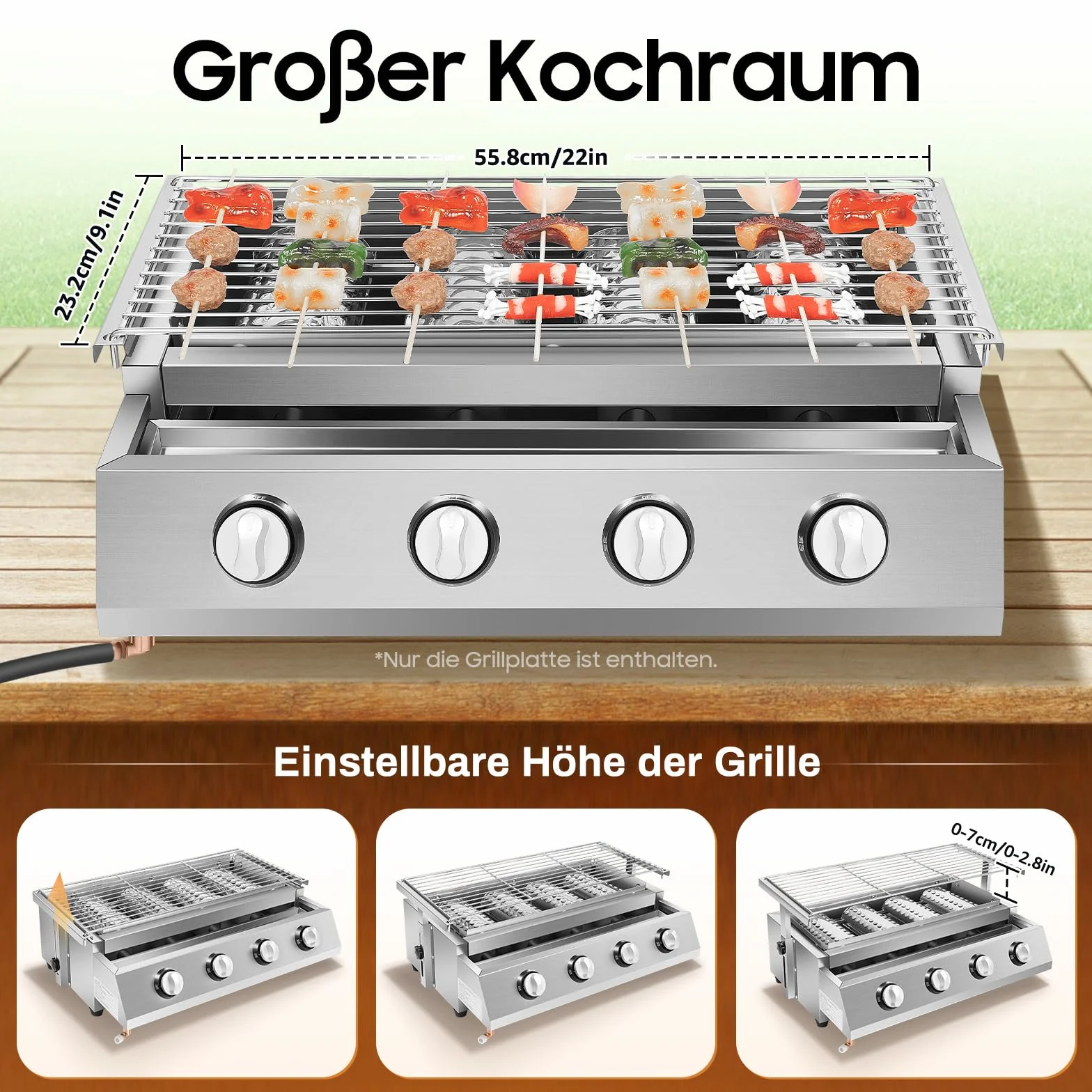 Gasgrill Edelstahl 4-Flammen Campinggril Tischgasgrill BBQ Outdoor Gas Grill Höhenverstellbare Rauchfreie Grillofen