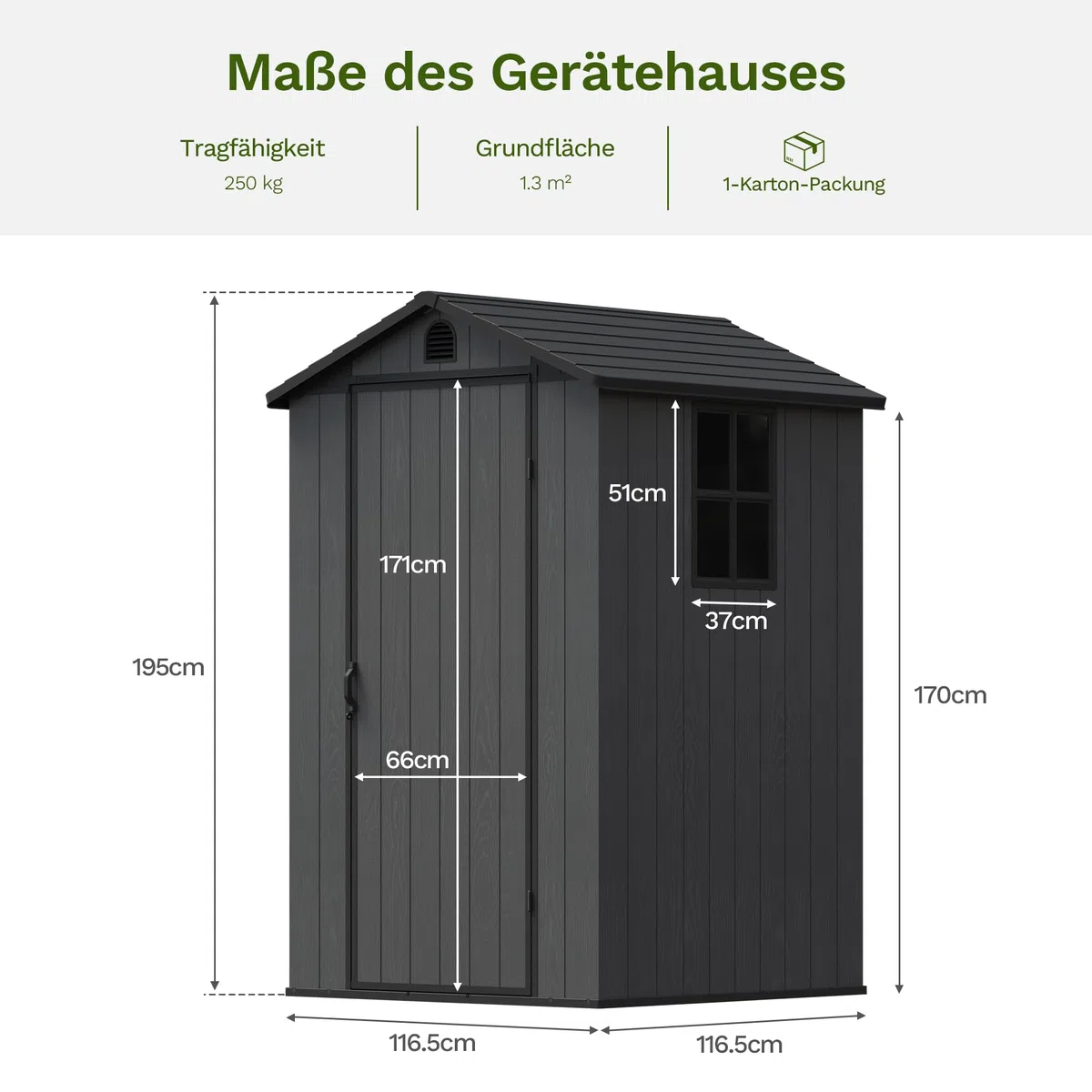 Devoko Gartenhaus Kunststoff 116x116x171cm Gerätehaus mit Boden, Dunkelgrau