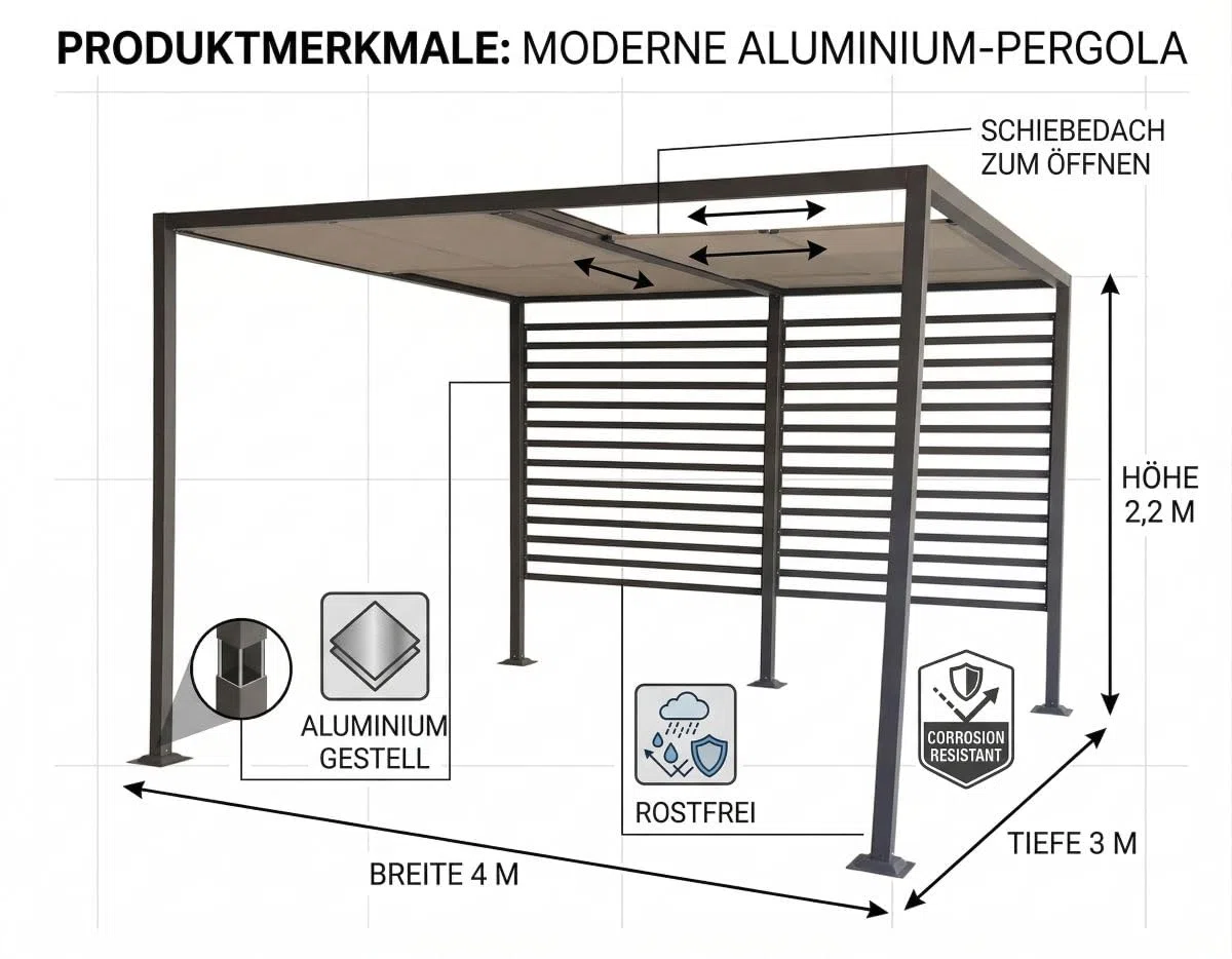 Jet-line Pavillon 3x4 Pergola Aluminium Gartenpavillon Amun Terrassenüberdachung mit Schiebedach UV Sonnenschutz Anthrazit