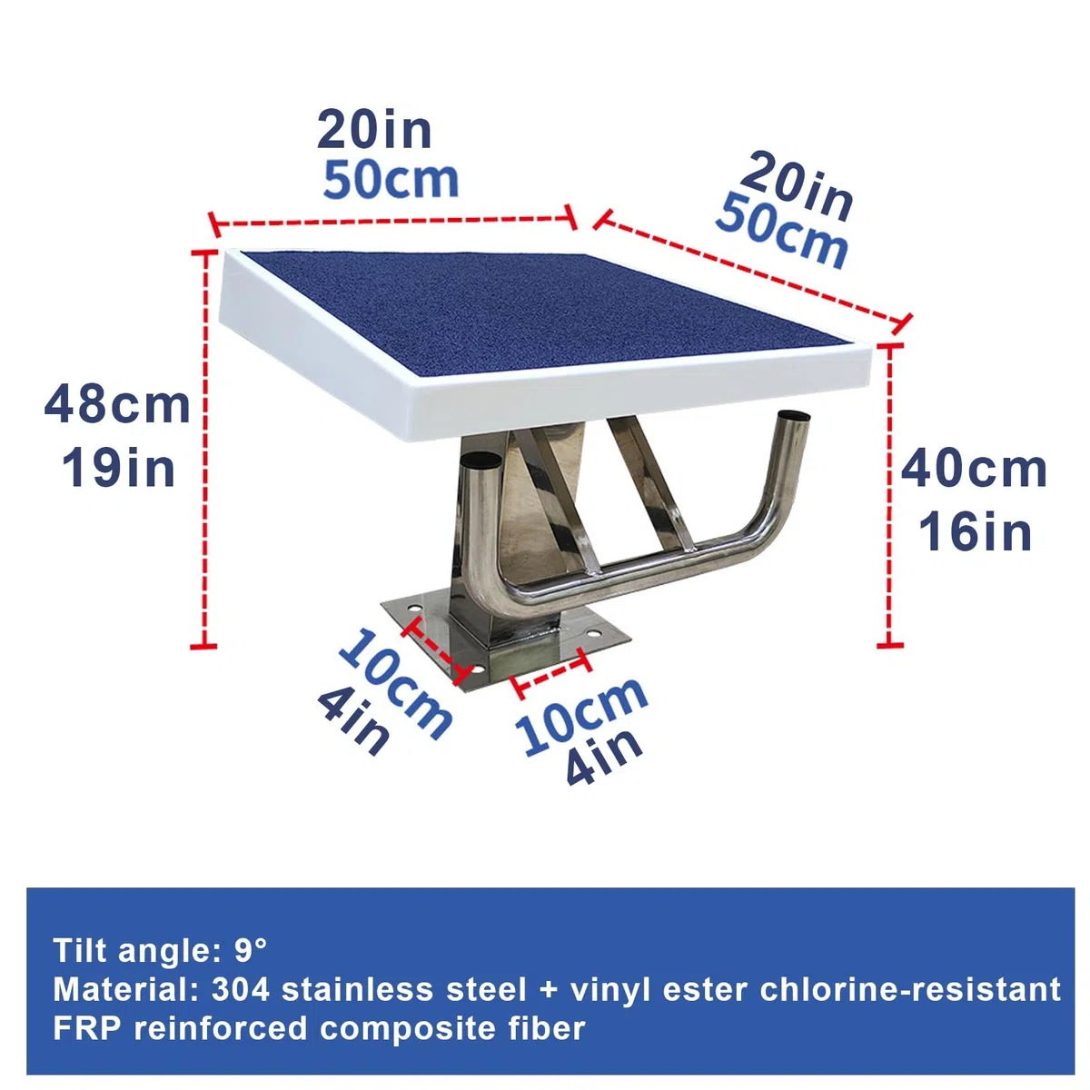 Heavy Duty Pool Tauchplattform, Pool-Tauchplattform aus Edelstahl, blau, 9 Grad Neigung, 200 kg, 20 x 19 Zoll, rutschfest