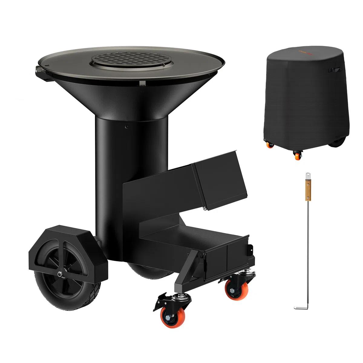 Onlyfire Großer Raketenofen mit Plancha Grillplatte 60cm, BBQ Feuerplattengrill Feuerschale mit Feuerplatte Holzkohlegrill für Terrasse & Garten, inkl. Rädern, Ascheschieber und Abdeckung, Schwarz