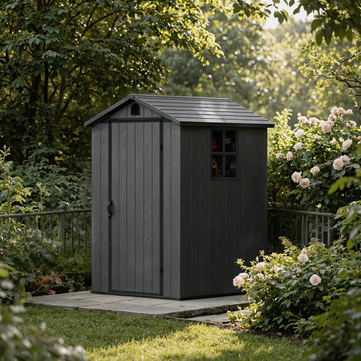 Devoko Gartenhaus Kunststoff 116x116x171cm Gerätehaus mit Boden, Dunkelgrau