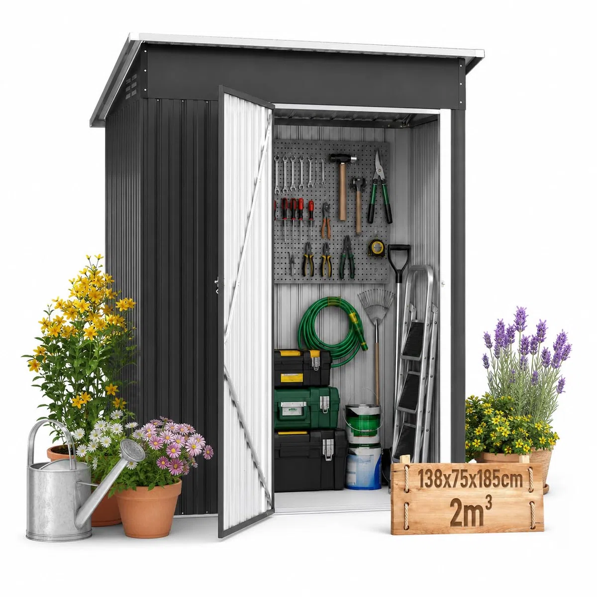 VA‑Cerulean Metall Gerätehaus Stark & Rostfrei 138x75x162cm, 2m³, Schwarz