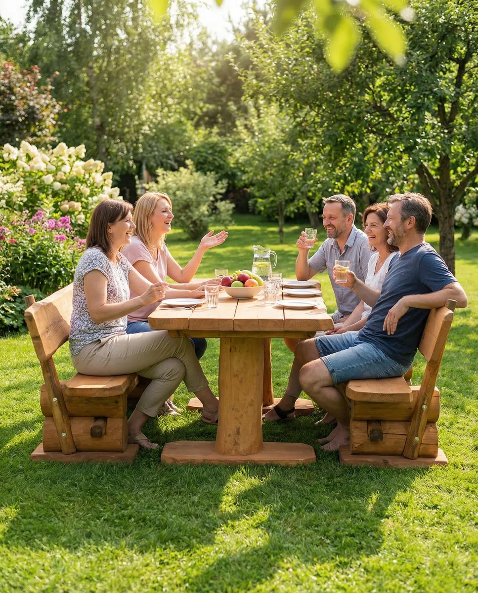 Mega Holz Gartengarnitur Rustikal Pinie Lasiert 200 cm - Aus heimischer Kiefer - Fertig montierte Sitzbank für Terrasse, Garten & Balkon mit Rückenlehne - Zeitloses Design, wetterfest & pflegeleicht