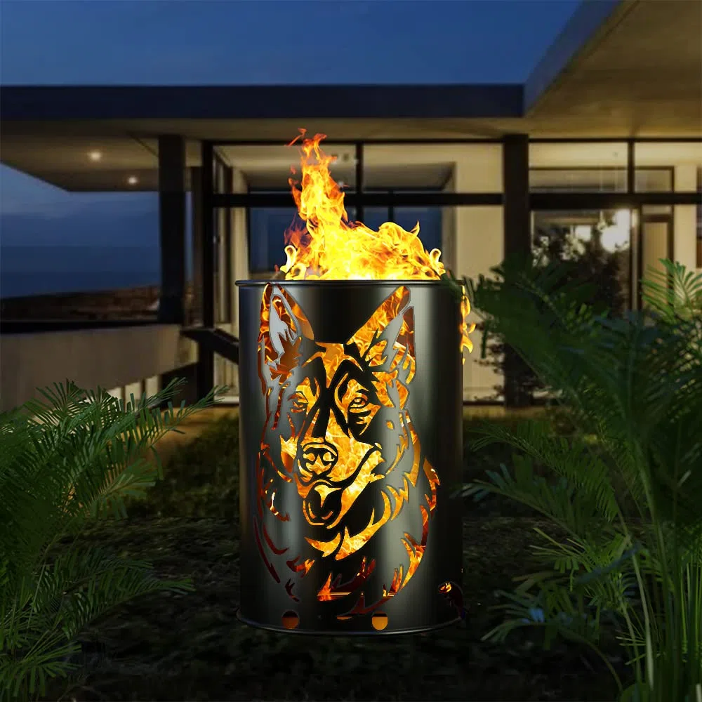 Feuertonne mit - Schäferhund - Motiv - Gefertigt aus neuem Ölfass - Besondere Feuerstelle für Garten und Terrasse - Hohe Feuerschale mit Rostoptik - 90 x 60 cm