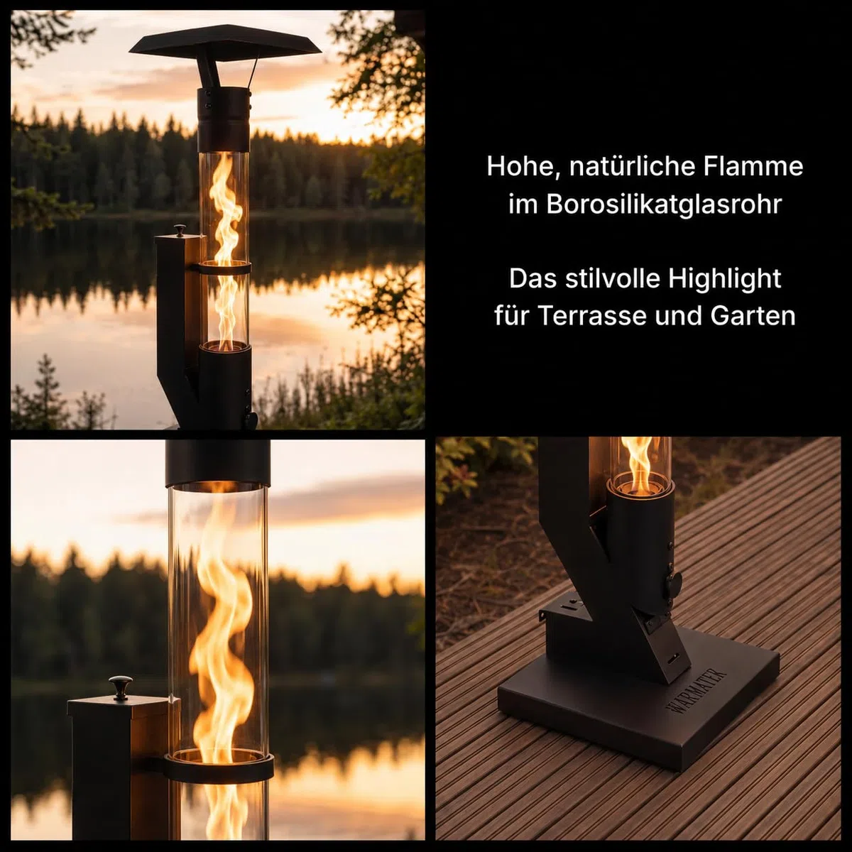 Lumo Outdoor-Pelletofen 3000 W – Pellet-Terrassenkamin ohne Strom & Gas, mit Glasflamme, für Garten, Balkon, Terrasse & Veranda, 0,6 kg Pelletbehälter, ca. 1 h Brenndauer