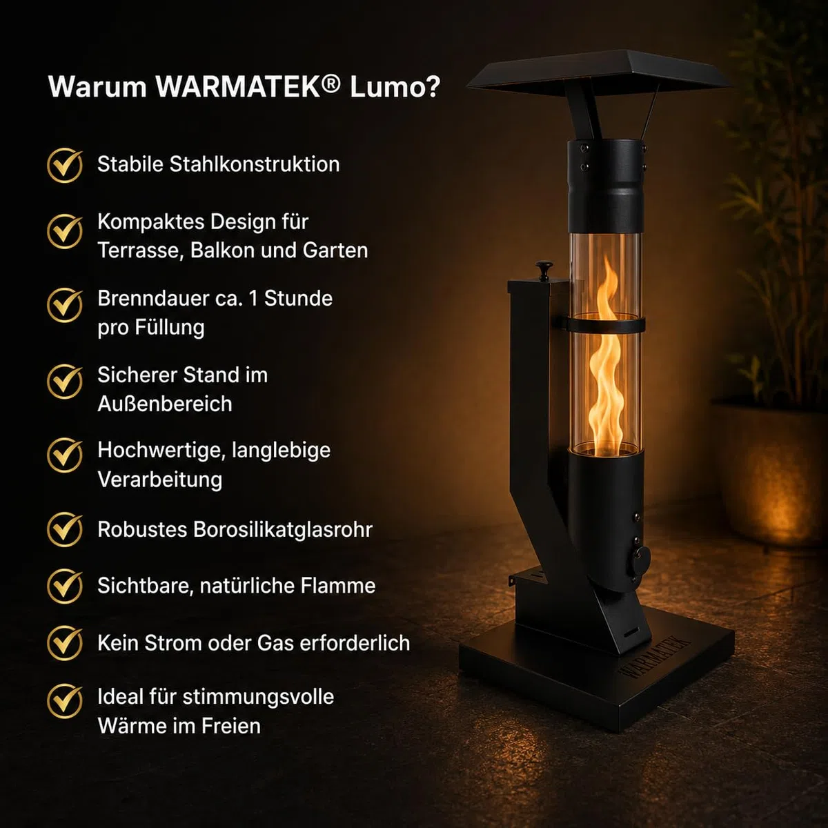 Lumo Outdoor-Pelletofen 3000 W – Pellet-Terrassenkamin ohne Strom & Gas, mit Glasflamme, für Garten, Balkon, Terrasse & Veranda, 0,6 kg Pelletbehälter, ca. 1 h Brenndauer
