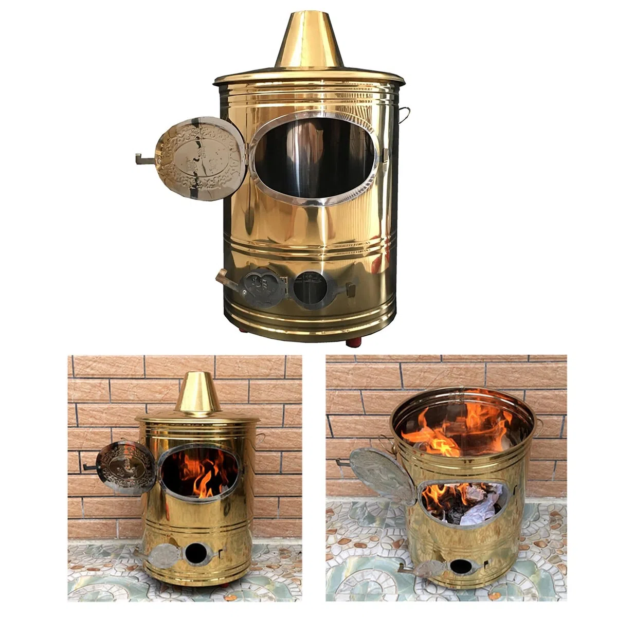 BurnerPortabler Gartenverbrennungsofen, verdicktes Edelstahl-Brennfass mit Kamin, Metall-Brennofen zum Verbrennen von Müll, Laub, Gartenabfällen, Papier mit erhöhten Füßen, Goldfarbe (34,5