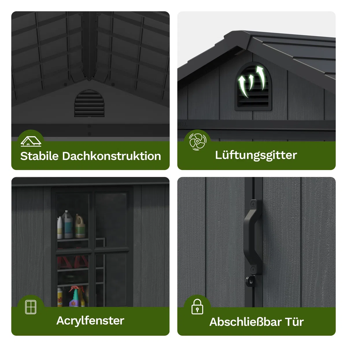 Devoko Gartenhaus Kunststoff 116x116x171cm Gerätehaus mit Boden, Dunkelgrau