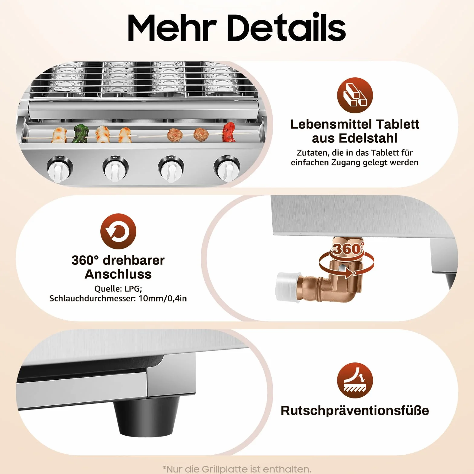 Gasgrill Edelstahl 4-Flammen Campinggril Tischgasgrill BBQ Outdoor Gas Grill Höhenverstellbare Rauchfreie Grillofen