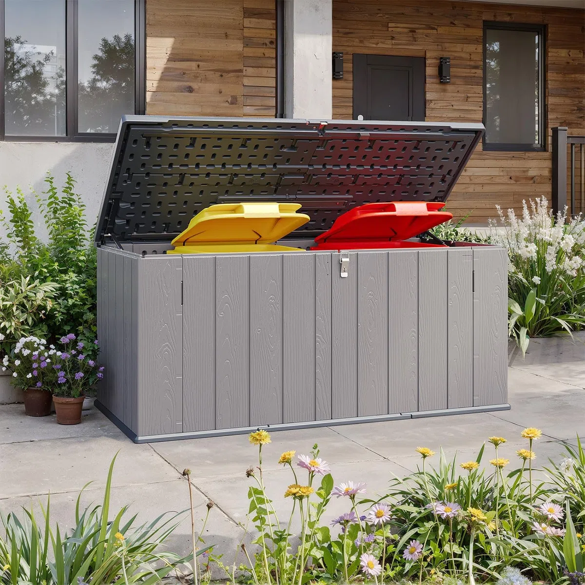 Gartenbox aus Harz 600L,Auflagenbox Wasserdicht Außenmaße:142 x 67 x 63 cm,Grau,Wetterfest,Abschließbar