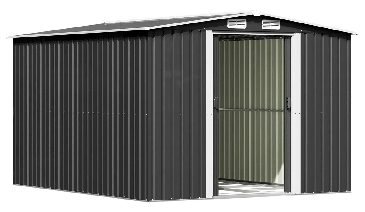 Triumphkey Metall Gerätehaus 247x301x178cm mit Stahlfundament, 13.2m³ Großes Geräteschuppen mit Satteldach, Farradgarage, Gartenschuppen für Rasenmäher, Wetterfest, Anthrazit