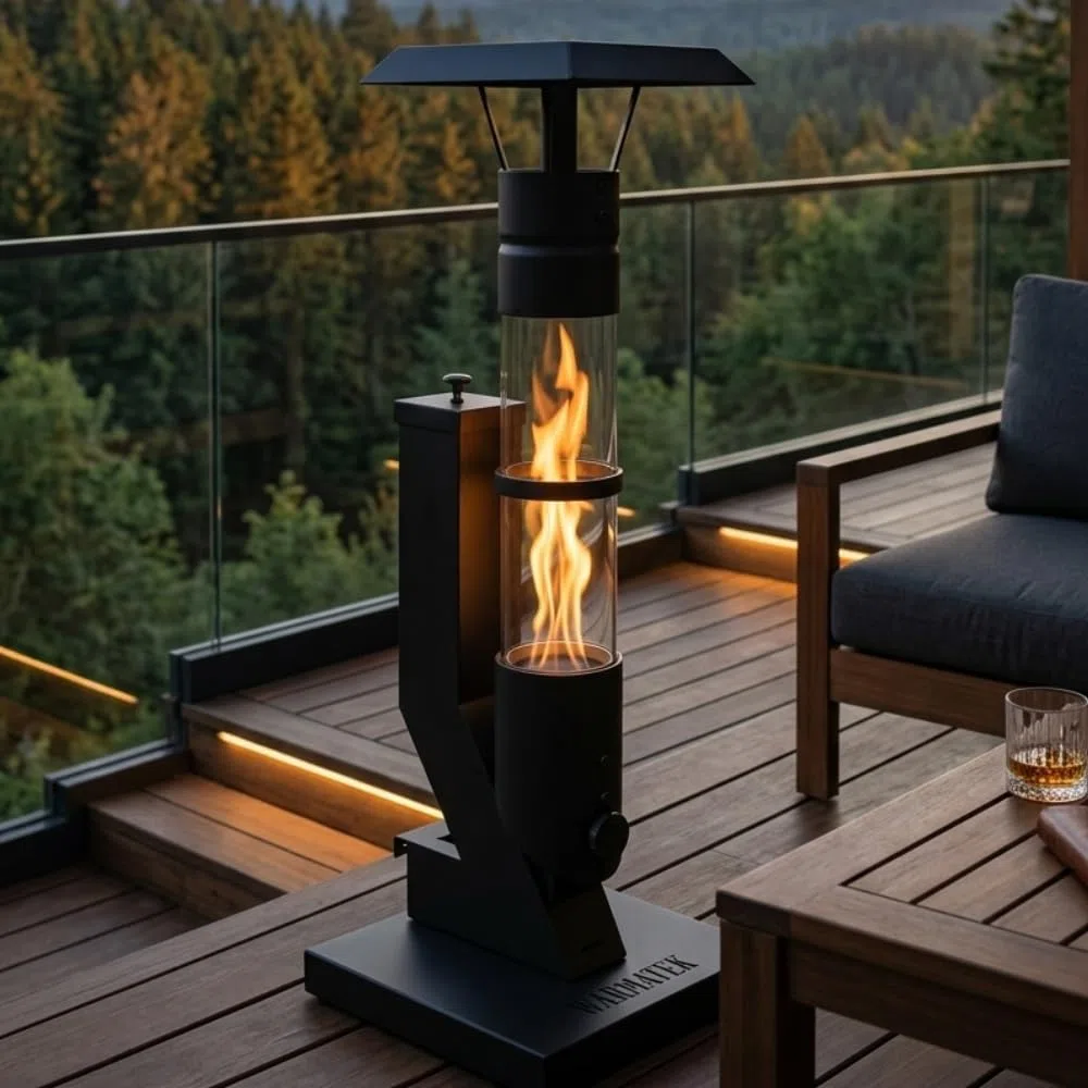 Lumo Outdoor-Pelletofen 3000 W – Pellet-Terrassenkamin ohne Strom & Gas, mit Glasflamme, für Garten, Balkon, Terrasse & Veranda, 0,6 kg Pelletbehälter, ca. 1 h Brenndauer