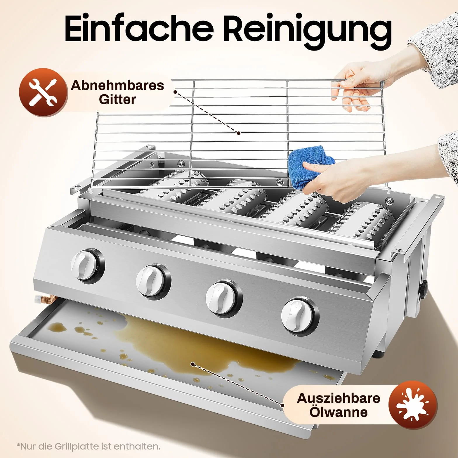 Gasgrill Edelstahl 4-Flammen Campinggril Tischgasgrill BBQ Outdoor Gas Grill Höhenverstellbare Rauchfreie Grillofen