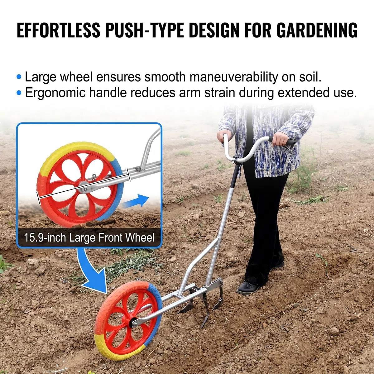 Bodenlocker-Unkrautwerkzeug, multifunktionale Gartenhacke mit großem Rad, Hand-Push-Grabenöffner zum Vertikutieren, Pflanzen und Graben in Bauernhof- und Hofgärten