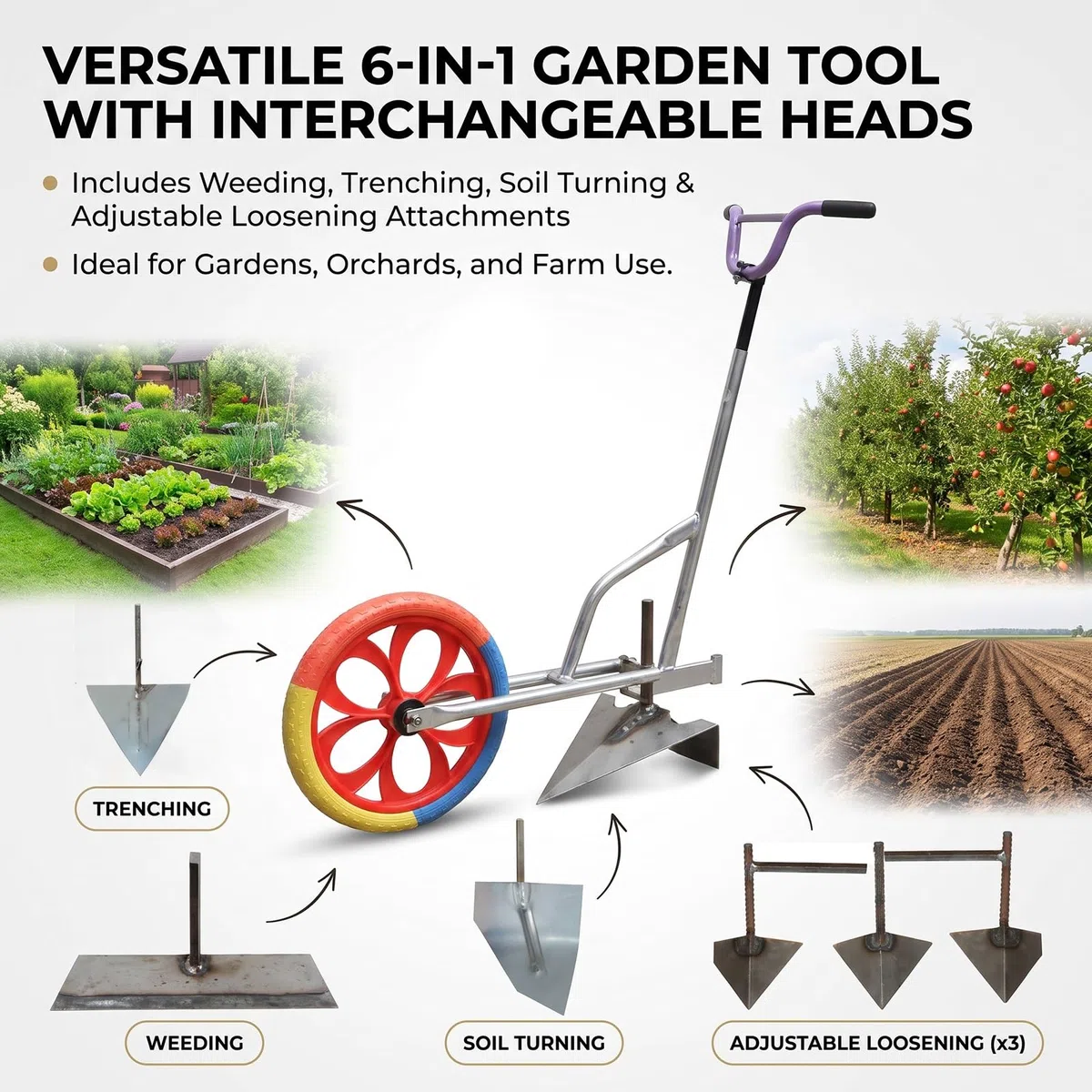 Bodenlocker-Unkrautwerkzeug, multifunktionale Gartenhacke mit großem Rad, Hand-Push-Grabenöffner zum Vertikutieren, Pflanzen und Graben in Bauernhof- und Hofgärten
