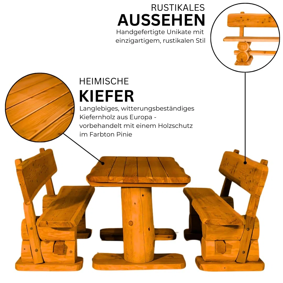 Mega Holz Gartengarnitur Rustikal Pinie Lasiert 200 cm - Aus heimischer Kiefer - Fertig montierte Sitzbank für Terrasse, Garten & Balkon mit Rückenlehne - Zeitloses Design, wetterfest & pflegeleicht