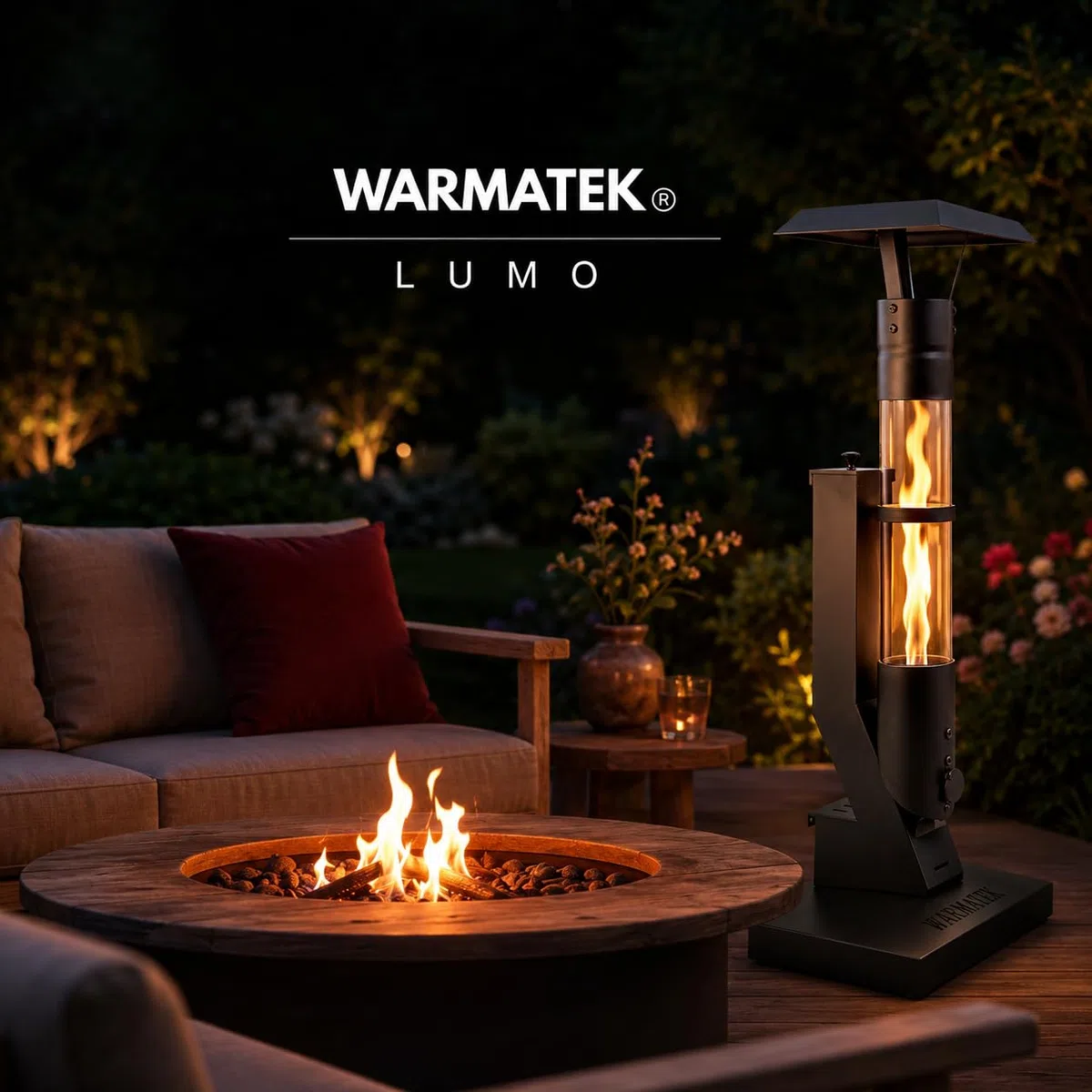 Lumo Outdoor-Pelletofen 3000 W – Pellet-Terrassenkamin ohne Strom & Gas, mit Glasflamme, für Garten, Balkon, Terrasse & Veranda, 0,6 kg Pelletbehälter, ca. 1 h Brenndauer